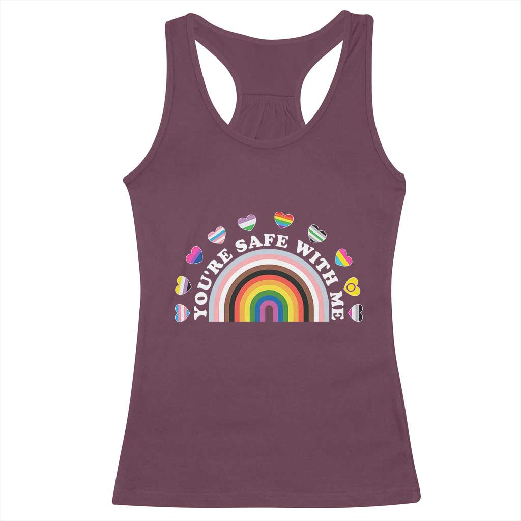 You're Safe With Me Racerback Tank Top LGBTQ Pride Ally Rainbow Heart TS11 Maroon Print Your Wear