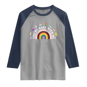 You're Safe With Me Raglan Shirt LGBTQ Pride Ally Rainbow Heart TS11 Sport Gray Navy Print Your Wear
