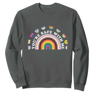 You're Safe With Me Sweatshirt LGBTQ Pride Ally Rainbow Heart TS11 Dark Heather Print Your Wear