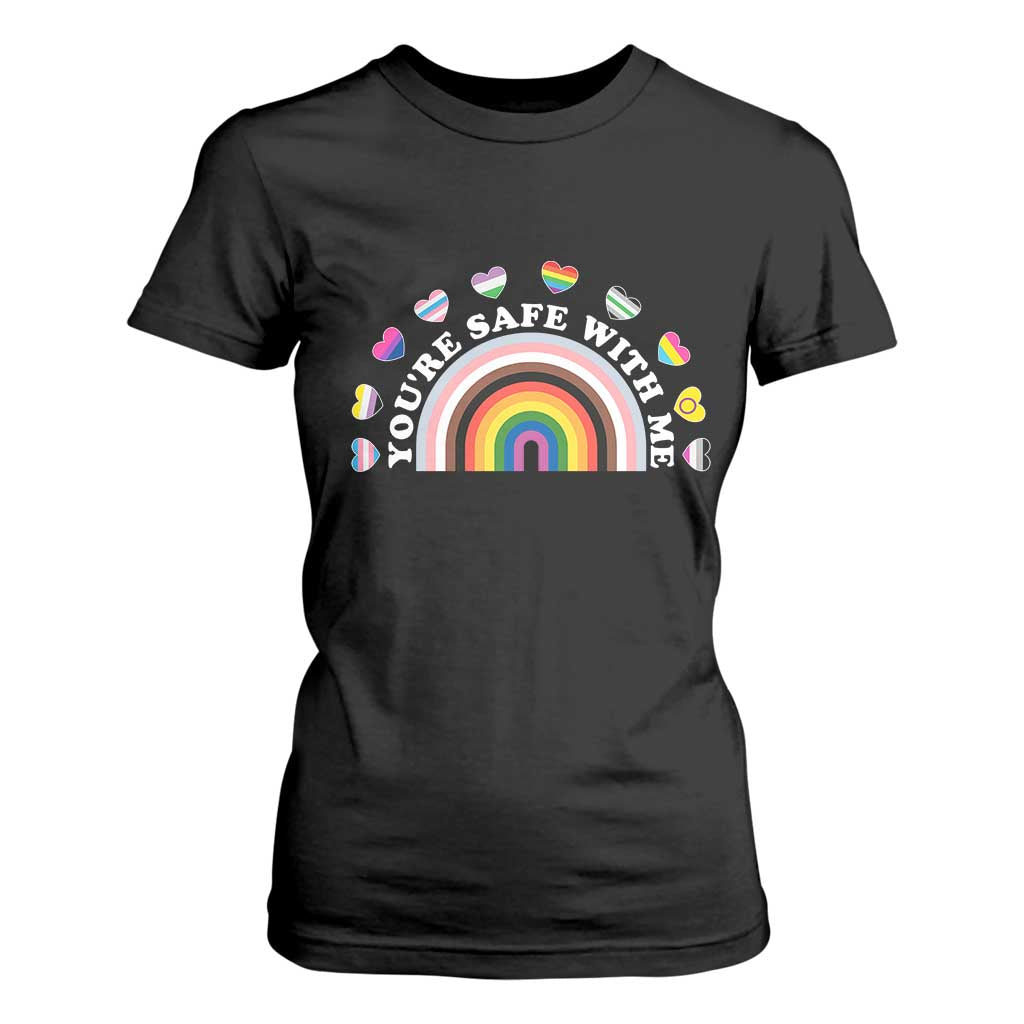 You're Safe With Me T Shirt For Women LGBTQ Pride Ally Rainbow Heart TS11 Black Print Your Wear