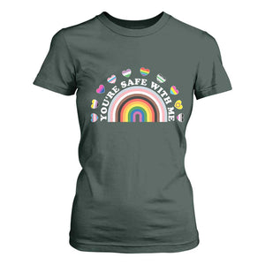 You're Safe With Me T Shirt For Women LGBTQ Pride Ally Rainbow Heart TS11 Dark Forest Green Print Your Wear