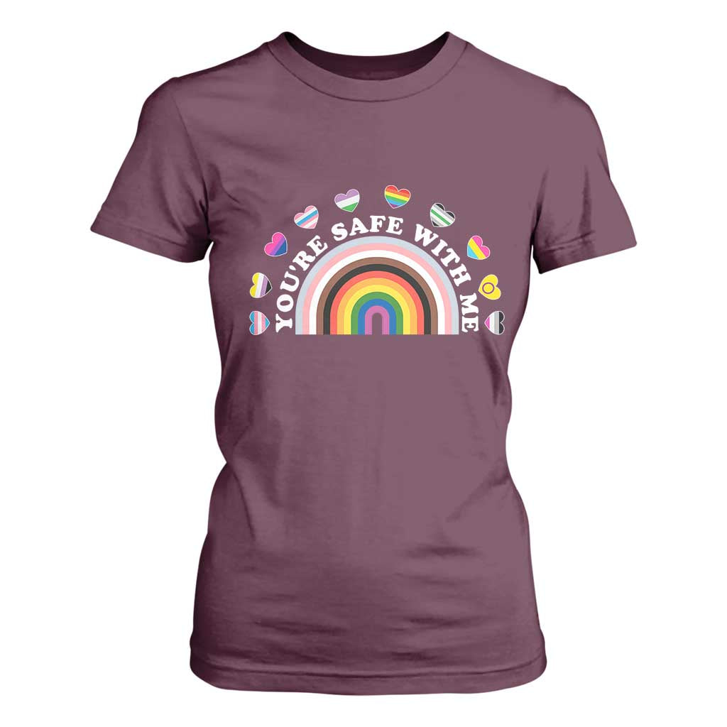 You're Safe With Me T Shirt For Women LGBTQ Pride Ally Rainbow Heart TS11 Maroon Print Your Wear