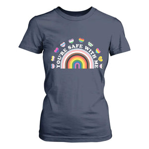You're Safe With Me T Shirt For Women LGBTQ Pride Ally Rainbow Heart TS11 Navy Print Your Wear