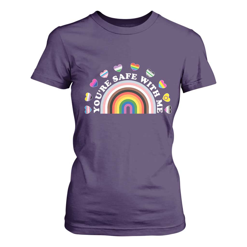 You're Safe With Me T Shirt For Women LGBTQ Pride Ally Rainbow Heart TS11 Purple Print Your Wear