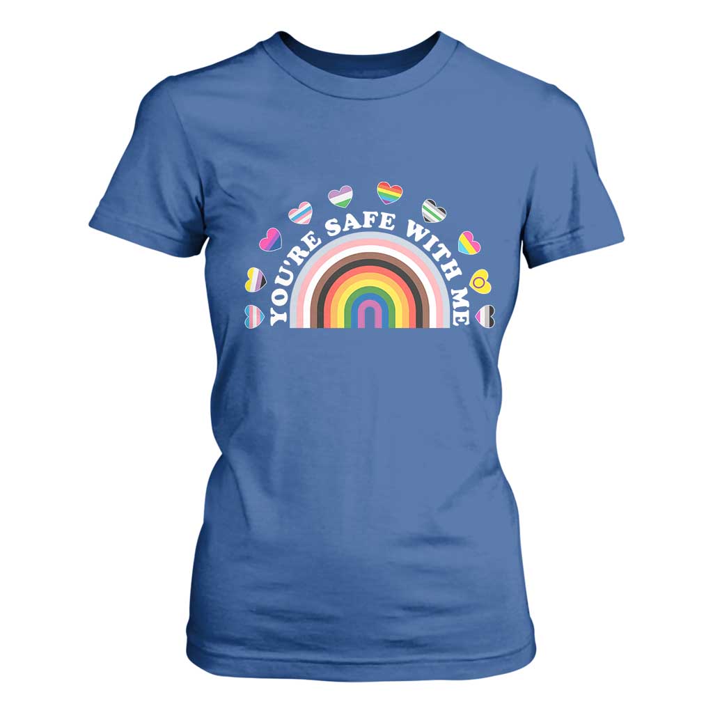 You're Safe With Me T Shirt For Women LGBTQ Pride Ally Rainbow Heart TS11 Royal Blue Print Your Wear