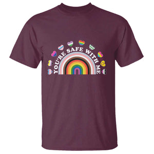 You're Safe With Me T Shirt LGBTQ Pride Ally Rainbow Heart TS11 Maroon Print Your Wear
