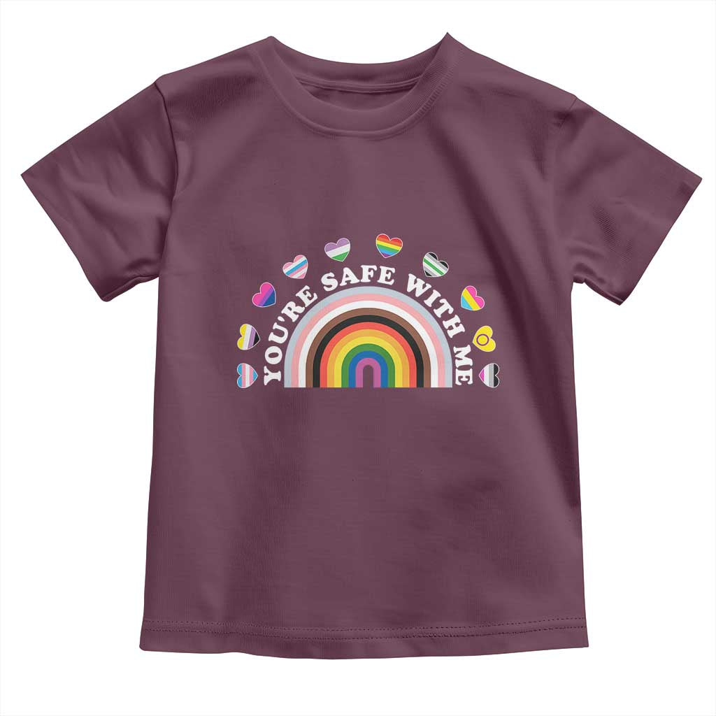 You're Safe With Me Toddler T Shirt LGBTQ Pride Ally Rainbow Heart TS11 Maroon Print Your Wear