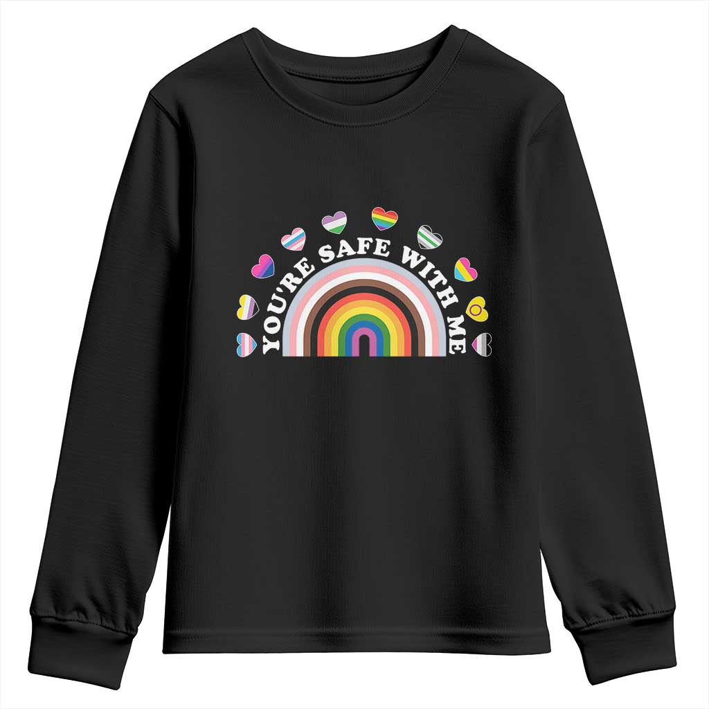 You're Safe With Me Youth Sweatshirt LGBTQ Pride Ally Rainbow Heart TS11 Black Print Your Wear