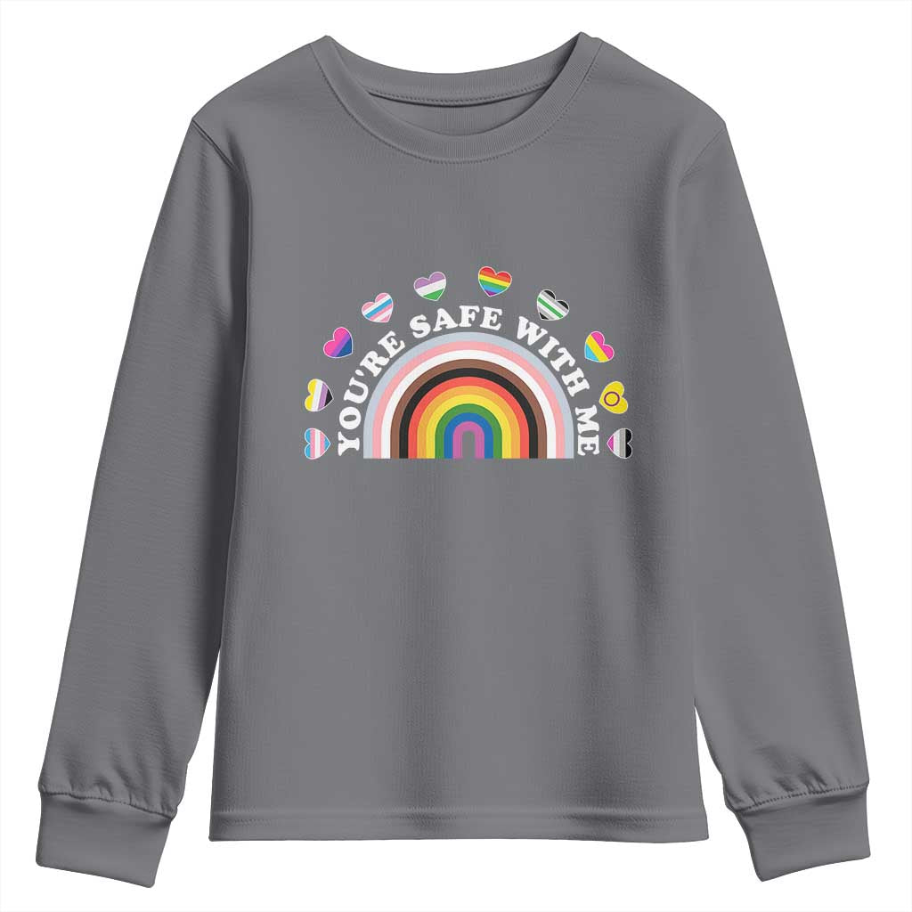 You're Safe With Me Youth Sweatshirt LGBTQ Pride Ally Rainbow Heart TS11 Charcoal Print Your Wear