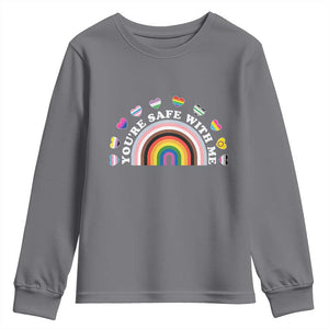 You're Safe With Me Youth Sweatshirt LGBTQ Pride Ally Rainbow Heart TS11 Charcoal Print Your Wear