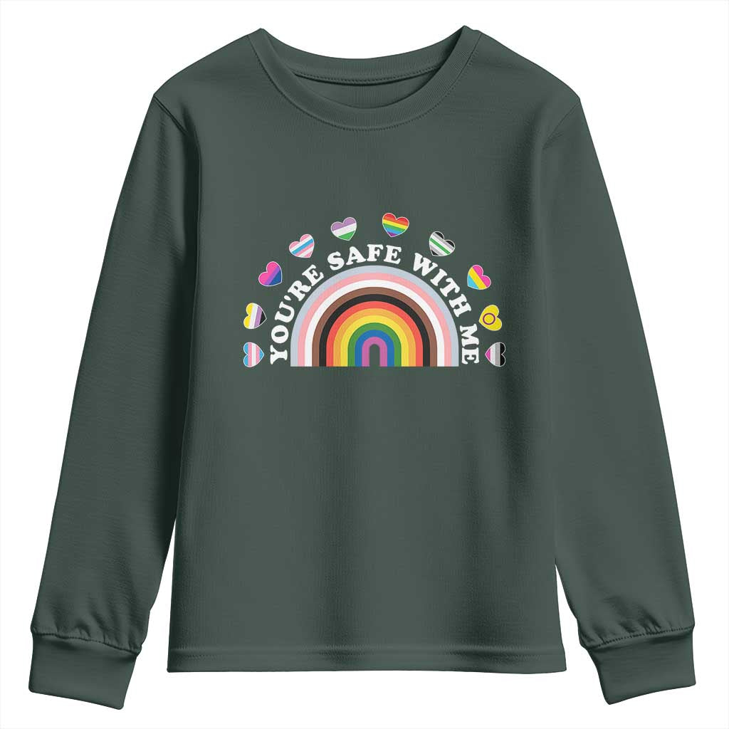 You're Safe With Me Youth Sweatshirt LGBTQ Pride Ally Rainbow Heart TS11 Dark Forest Green Print Your Wear