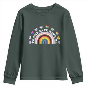 You're Safe With Me Youth Sweatshirt LGBTQ Pride Ally Rainbow Heart TS11 Dark Forest Green Print Your Wear