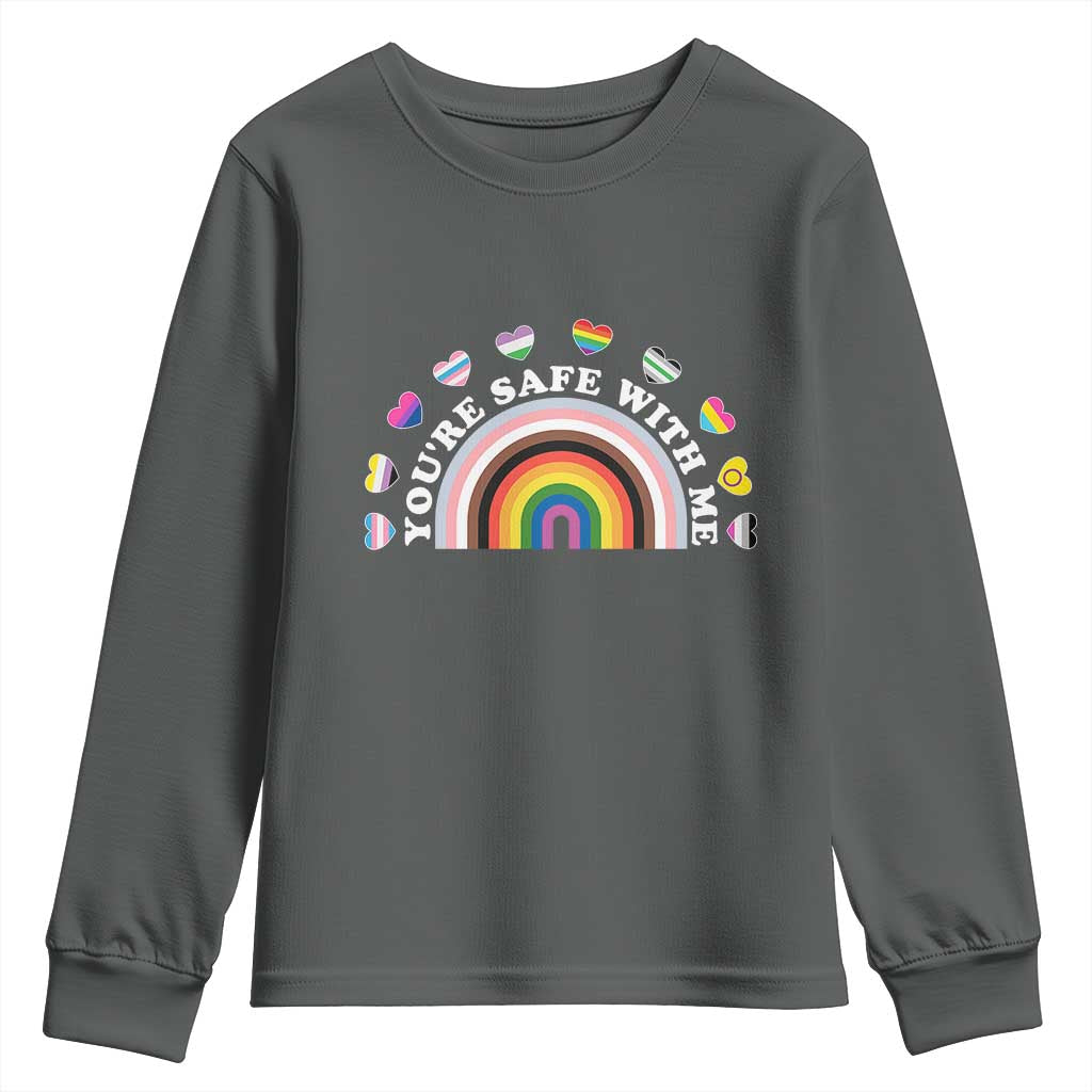 You're Safe With Me Youth Sweatshirt LGBTQ Pride Ally Rainbow Heart TS11 Dark Heather Print Your Wear