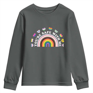 You're Safe With Me Youth Sweatshirt LGBTQ Pride Ally Rainbow Heart TS11 Dark Heather Print Your Wear