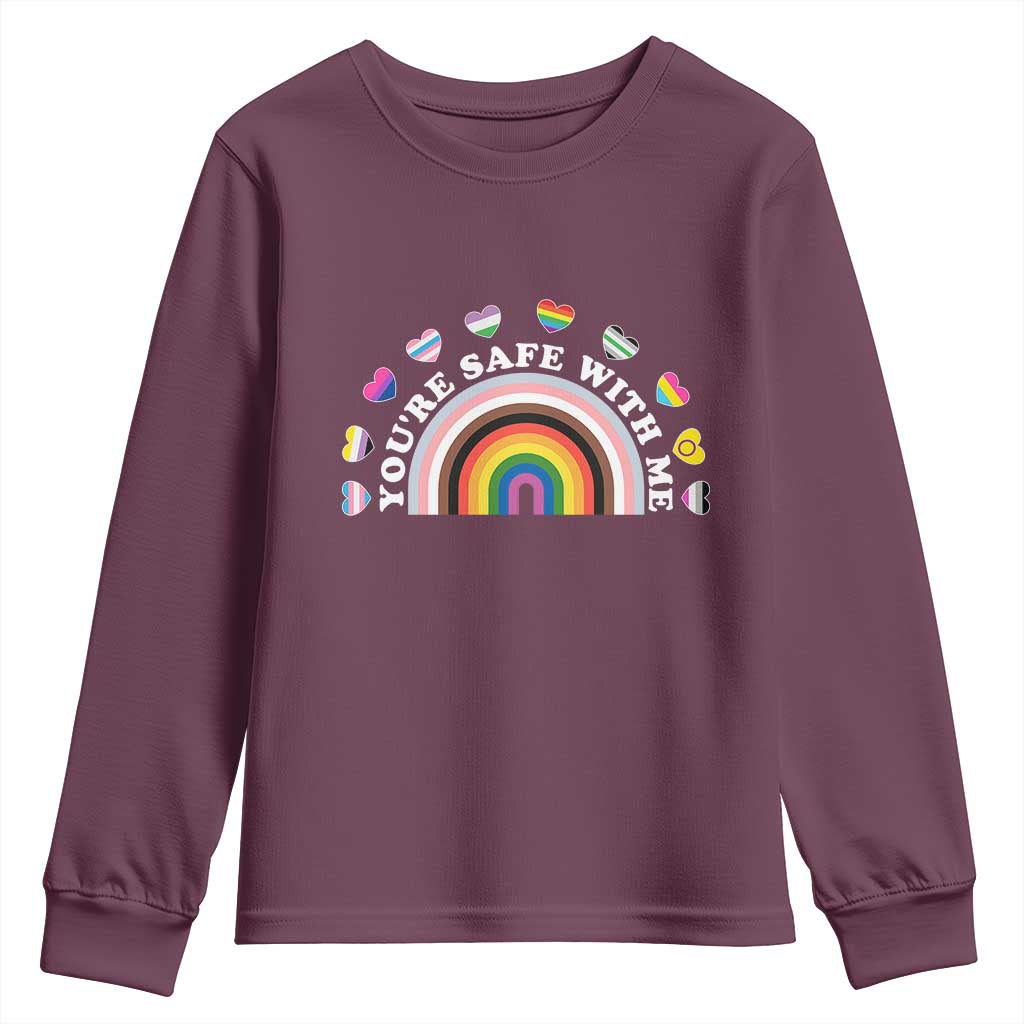You're Safe With Me Youth Sweatshirt LGBTQ Pride Ally Rainbow Heart TS11 Maroon Print Your Wear