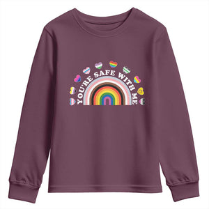 You're Safe With Me Youth Sweatshirt LGBTQ Pride Ally Rainbow Heart TS11 Maroon Print Your Wear