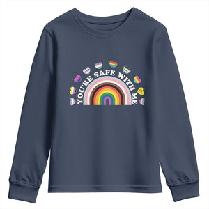 You're Safe With Me Youth Sweatshirt LGBTQ Pride Ally Rainbow Heart TS11 Navy Print Your Wear