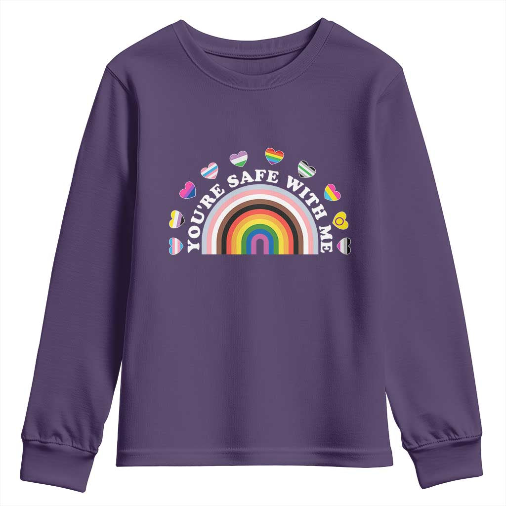 You're Safe With Me Youth Sweatshirt LGBTQ Pride Ally Rainbow Heart TS11 Purple Print Your Wear