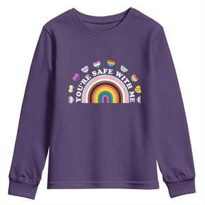 You're Safe With Me Youth Sweatshirt LGBTQ Pride Ally Rainbow Heart TS11 Purple Print Your Wear