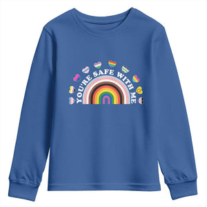 You're Safe With Me Youth Sweatshirt LGBTQ Pride Ally Rainbow Heart TS11 Royal Blue Print Your Wear