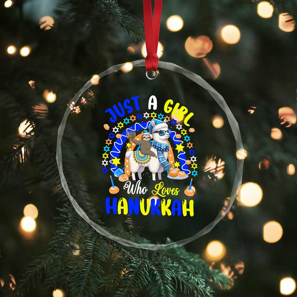 A Girl Loves Hanukkah Crystal Glass Ornament Funny Sloth On Llama Jewish Holiday Gift TS12 Print Your Wear