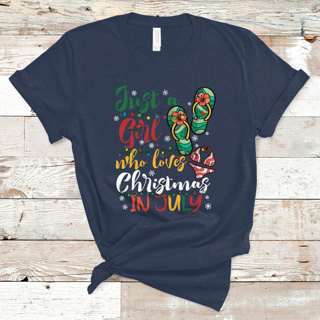 A Girl Who Loves Christmas In July T Shirt Summer Beach Flip Flops TS02 Navy Printyourwear