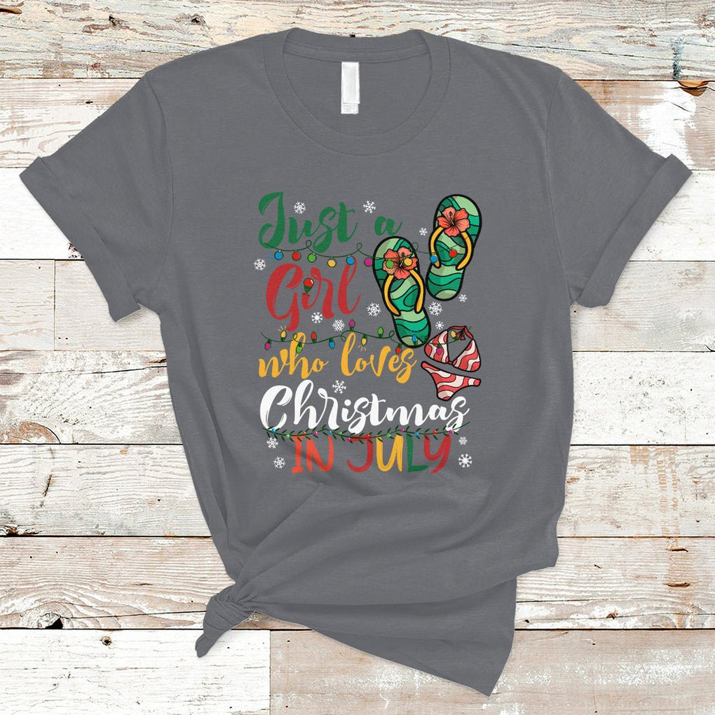 A Girl Who Loves Christmas In July T Shirt Summer Beach Flip Flops TS02 Charcoal Printyourwear