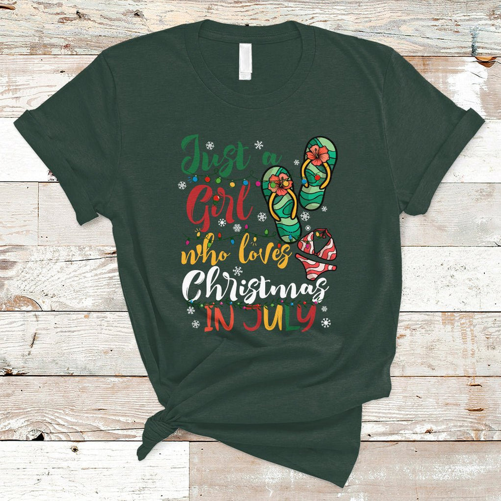 A Girl Who Loves Christmas In July T Shirt Summer Beach Flip Flops TS02 Dark Forest Green Printyourwear