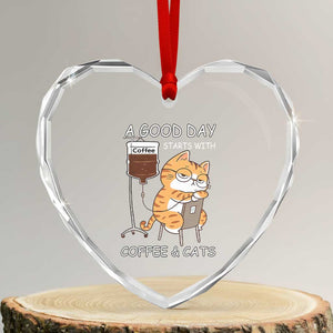 A Good Day Starts With Coffee And Cats Heart Crystal Glass Ornament Funny Purrfect Morning TS12 Transparent Glass 3'' Heart Print Your Wear