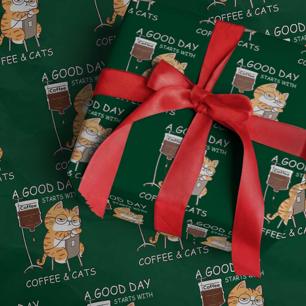 A Good Day Starts With Coffee And Cats Wrapping Paper Roll Funny Purrfect Morning TS12 Green Print Your Wear