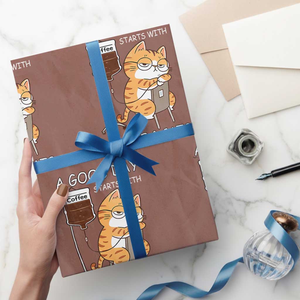 A Good Day Starts With Coffee And Cats Wrapping Paper Roll Funny Purrfect Morning TS12 Mocha Print Your Wear