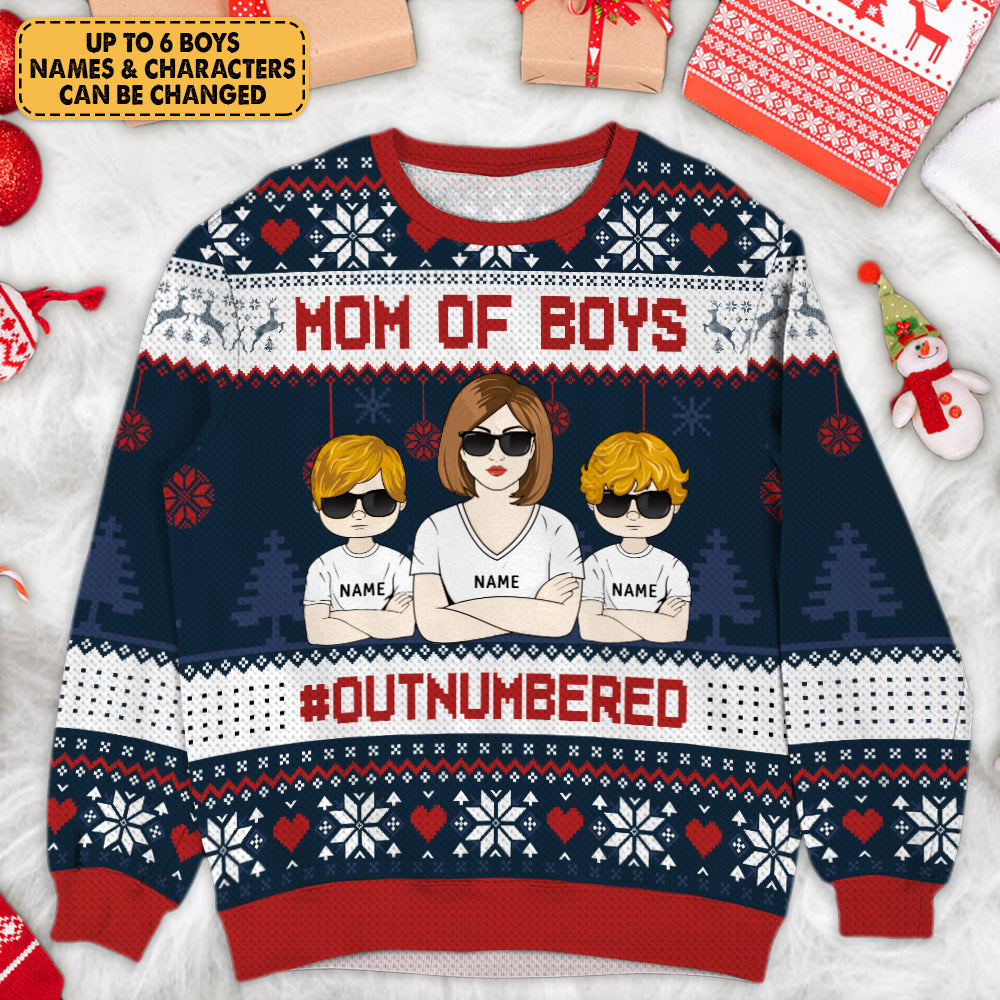Personalized Christmas Mom Of Boys All Over Print Sweatshirt with Outnumbered Hashtag CTM Unisex Custom - Printyourwear