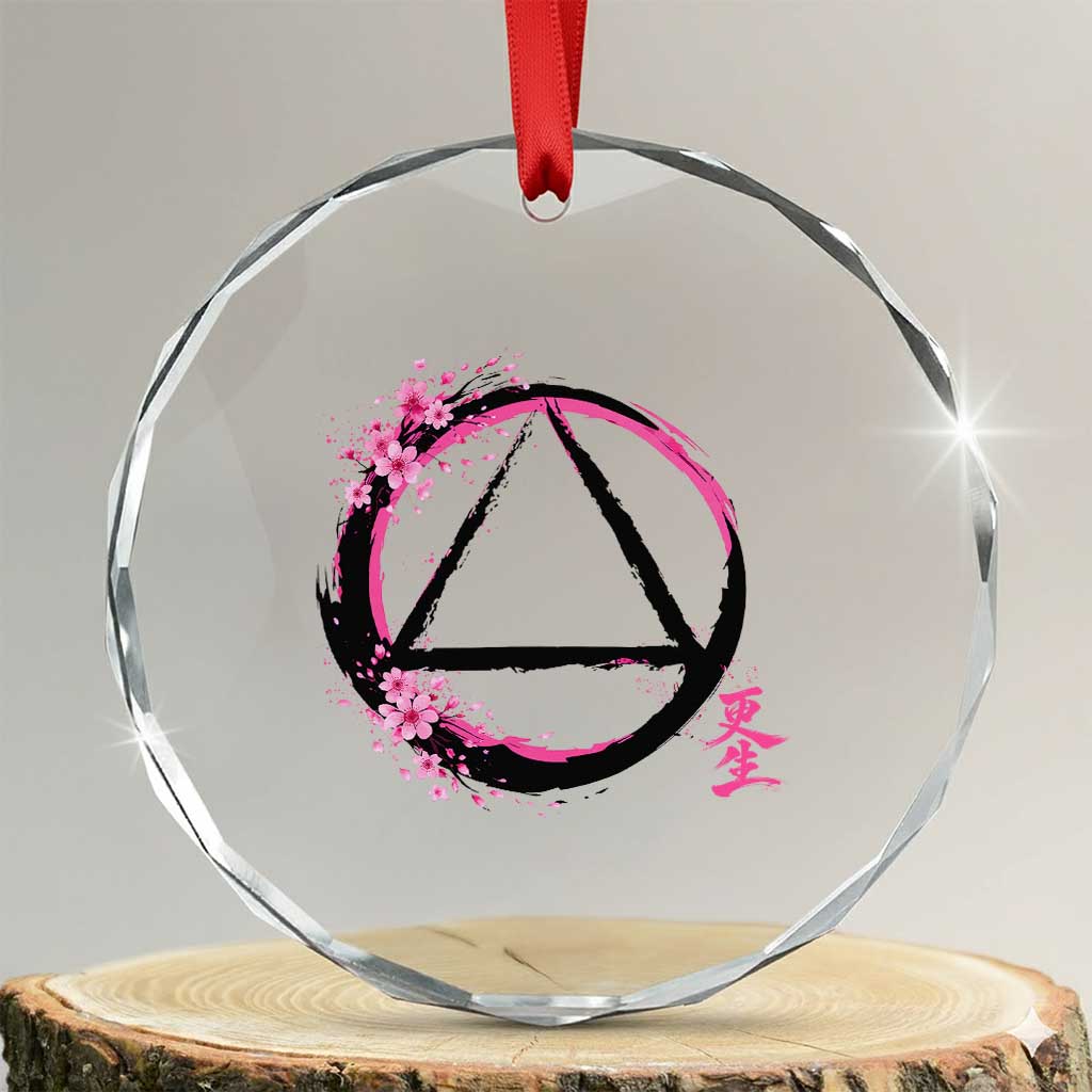AA Sober Symbol Serenity Recovery Crystal Glass Ornament Japanese Cherry Blossom Brushstroke Circle TS11 Transparent Glass 3'' Circle Print Your Wear