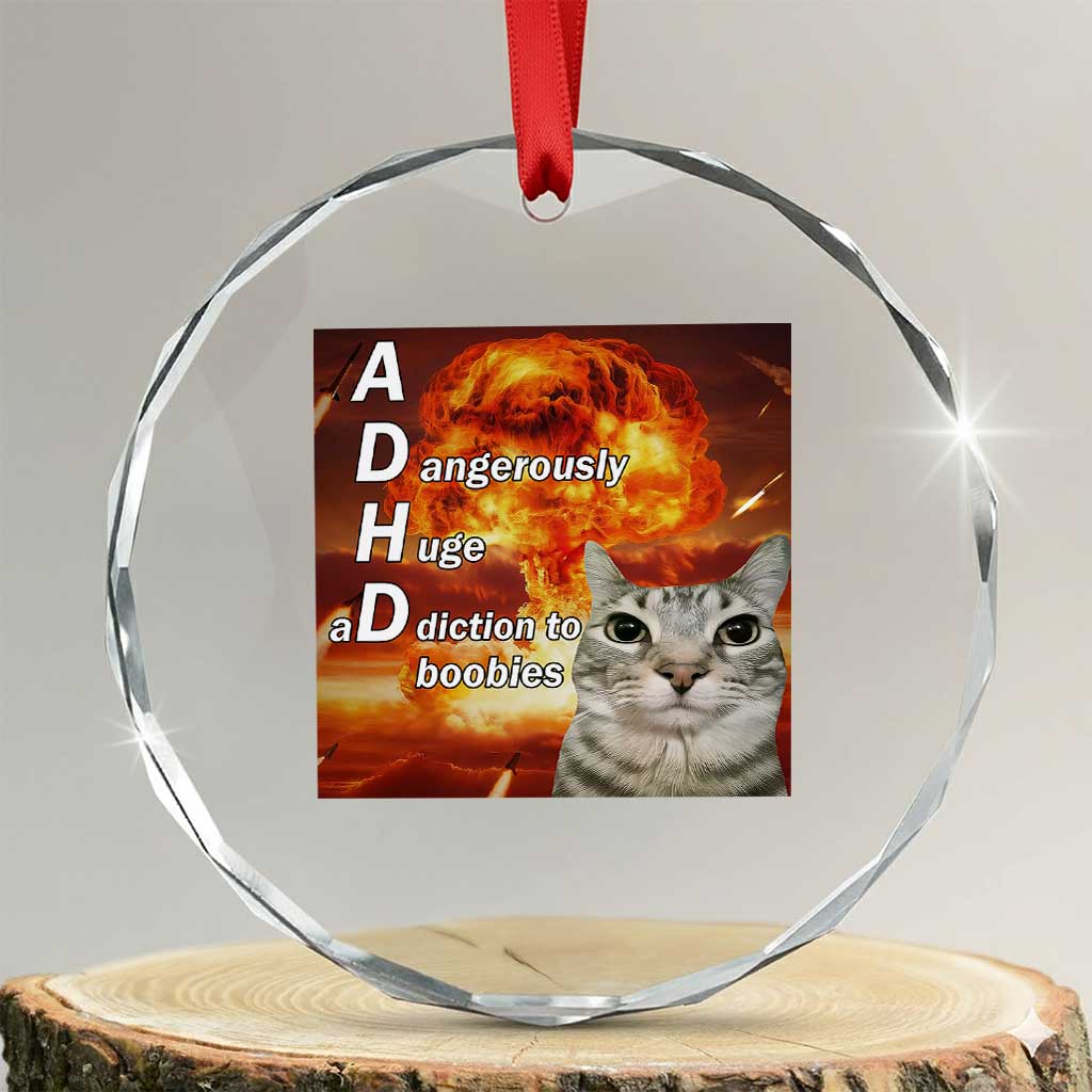 ADHD Cat Meme Crystal Glass Ornament Funny Kitty Flames Neurodivergent Gen Z TS10 Transparent Glass 3'' Circle Print Your Wear
