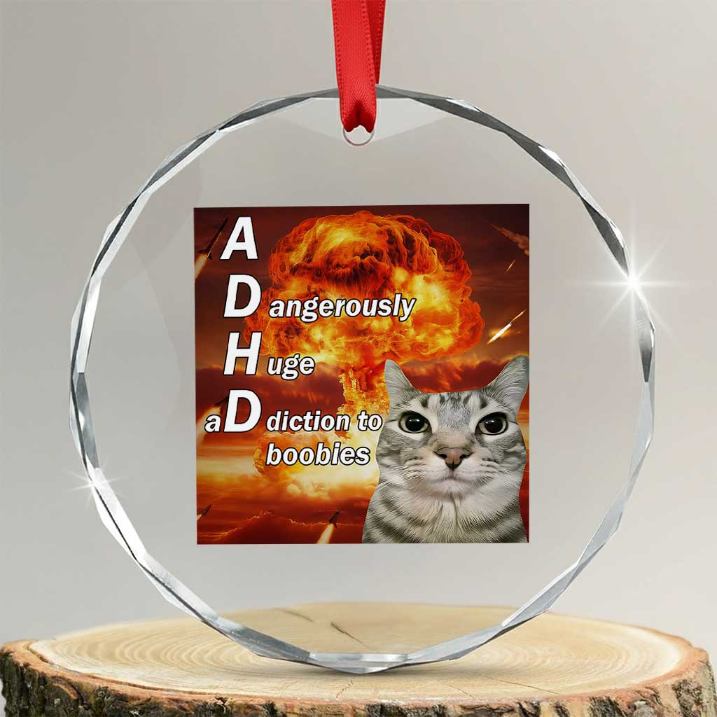 ADHD Cat Meme Crystal Glass Ornament Funny Kitty Flames Neurodivergent Gen Z TS10 Transparent Glass 3'' Circle Print Your Wear