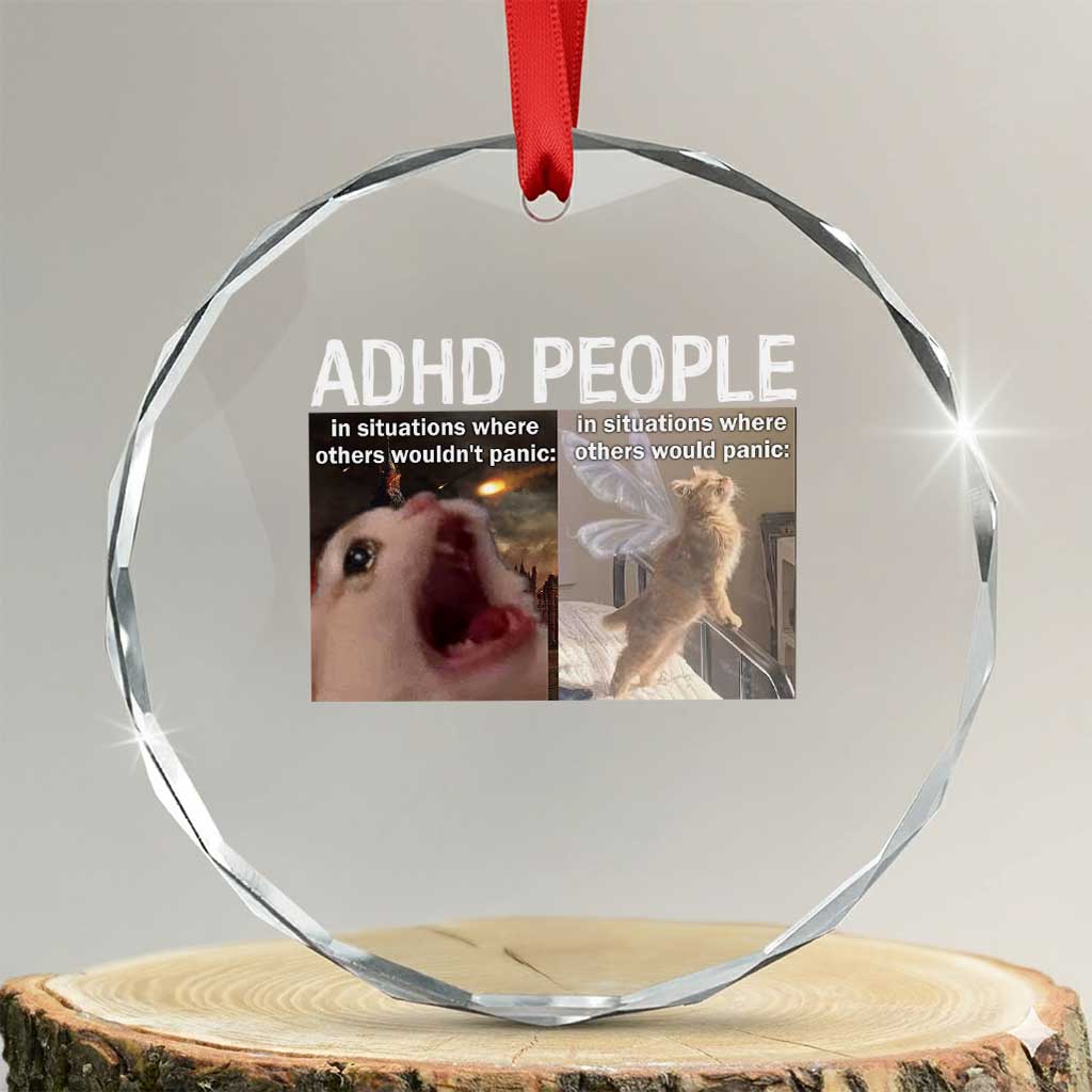 ADHD Cat Meme Crystal Glass Ornament Funny Panic Cat Mental Health Awareness TS10 Transparent Glass 3'' Circle Print Your Wear