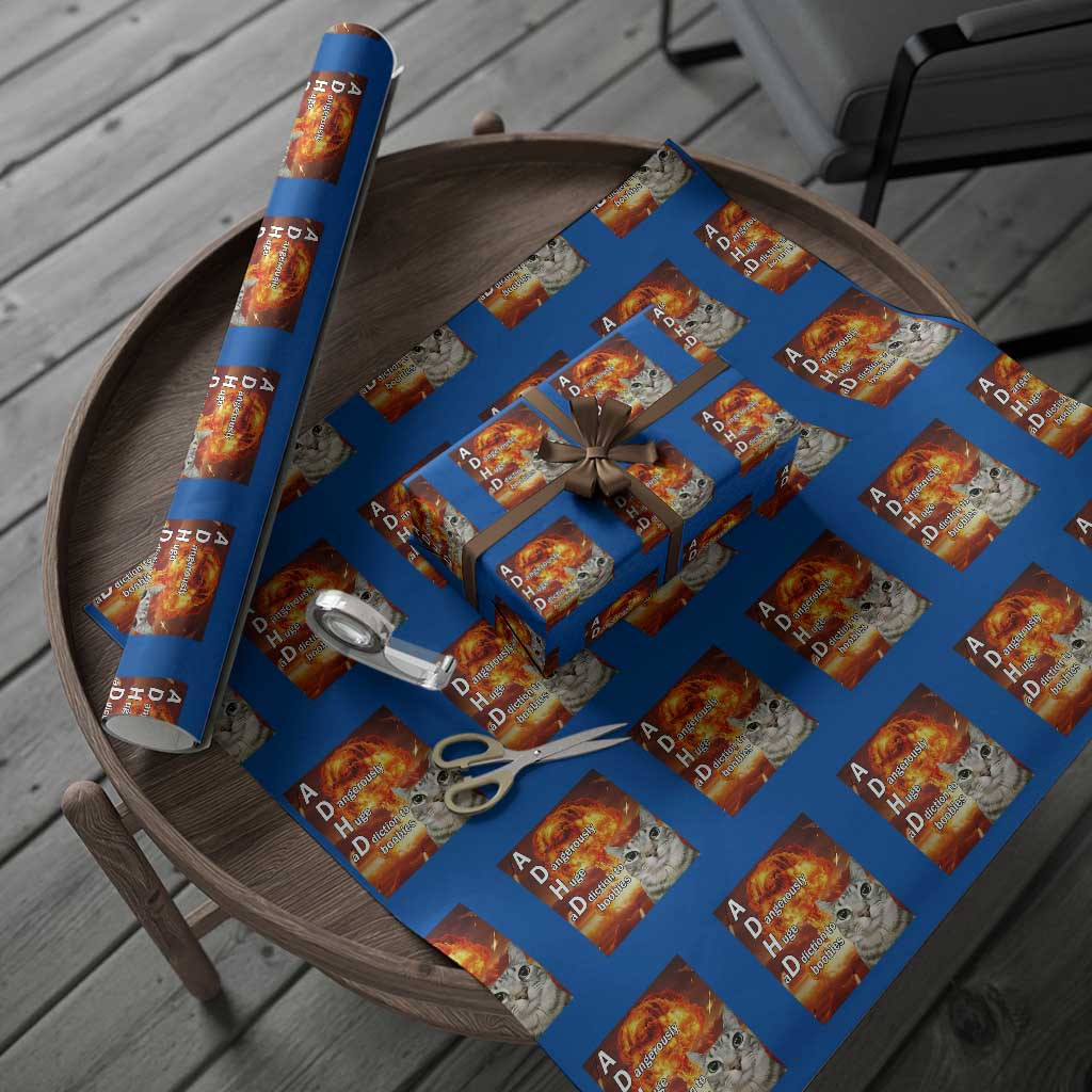 ADHD Cat Meme Wrapping Paper Roll Funny Kitty Flames Neurodivergent Gen Z TS10 Blue Print Your Wear