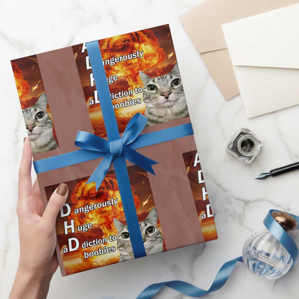 ADHD Cat Meme Wrapping Paper Roll Funny Kitty Flames Neurodivergent Gen Z TS10 Mocha Print Your Wear