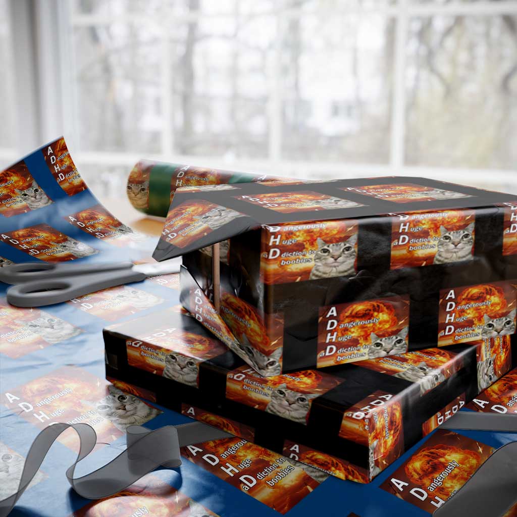 ADHD Cat Meme Wrapping Paper Roll Funny Kitty Flames Neurodivergent Gen Z TS10 Black Print Your Wear