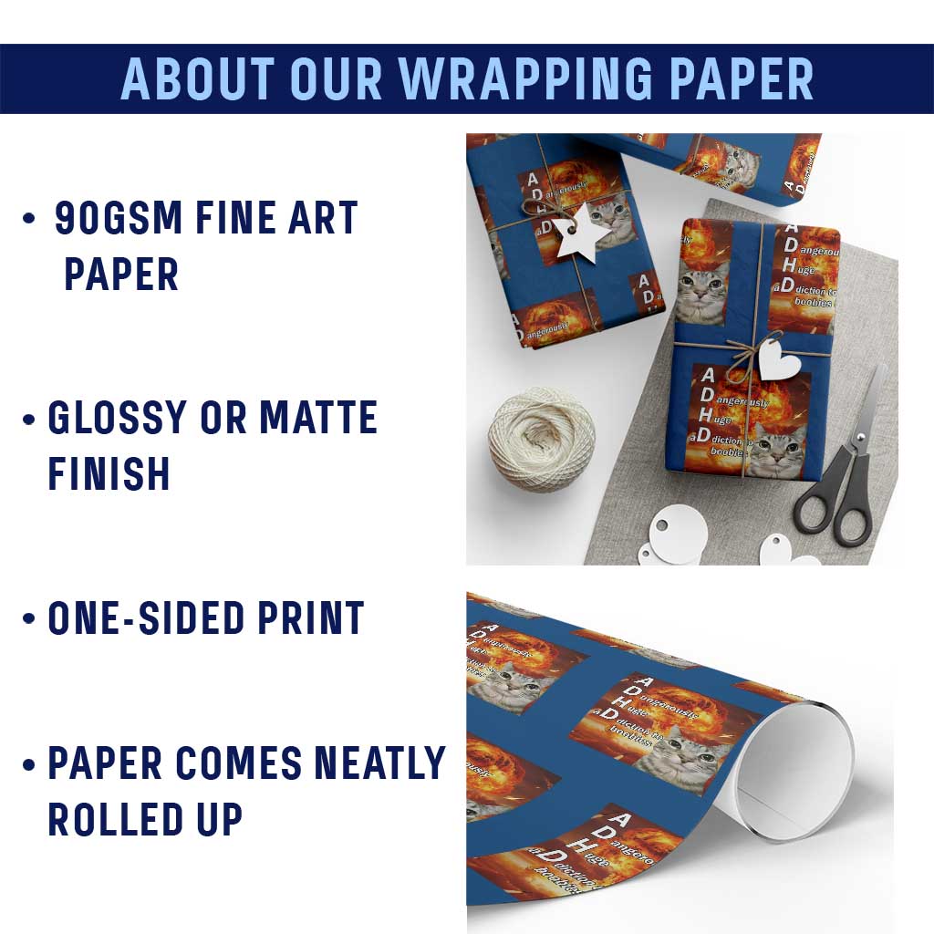 ADHD Cat Meme Wrapping Paper Roll Funny Kitty Flames Neurodivergent Gen Z TS10 Print Your Wear