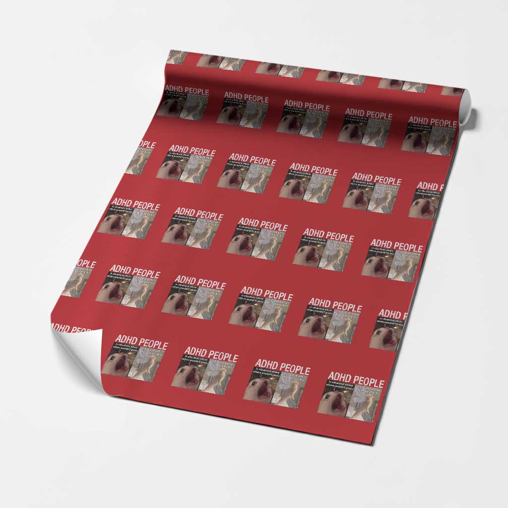 ADHD Cat Meme Wrapping Paper Roll Funny Panic Cat Mental Health Awareness TS10 Red Print Your Wear