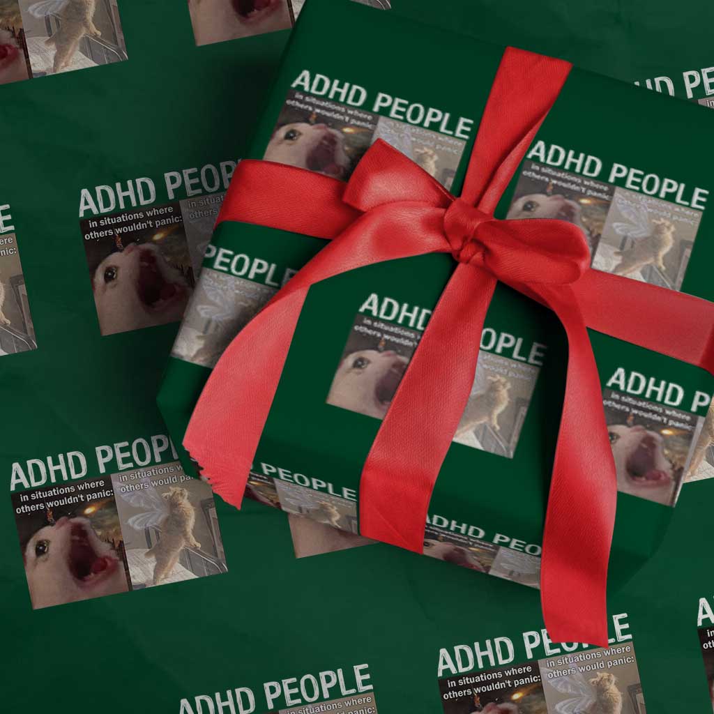ADHD Cat Meme Wrapping Paper Roll Funny Panic Cat Mental Health Awareness TS10 Green Print Your Wear