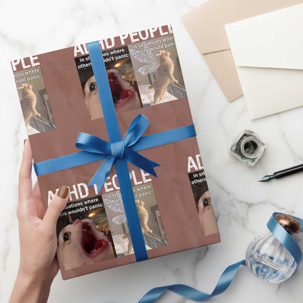 ADHD Cat Meme Wrapping Paper Roll Funny Panic Cat Mental Health Awareness TS10 Mocha Print Your Wear