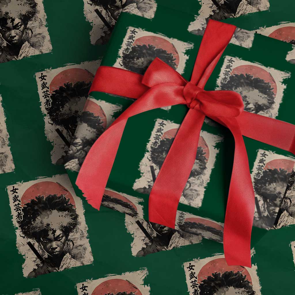 African American Female Samurai Warrior Wrapping Paper Roll Japanese Art Black Onna Bugeisha TS11 Green Print Your Wear