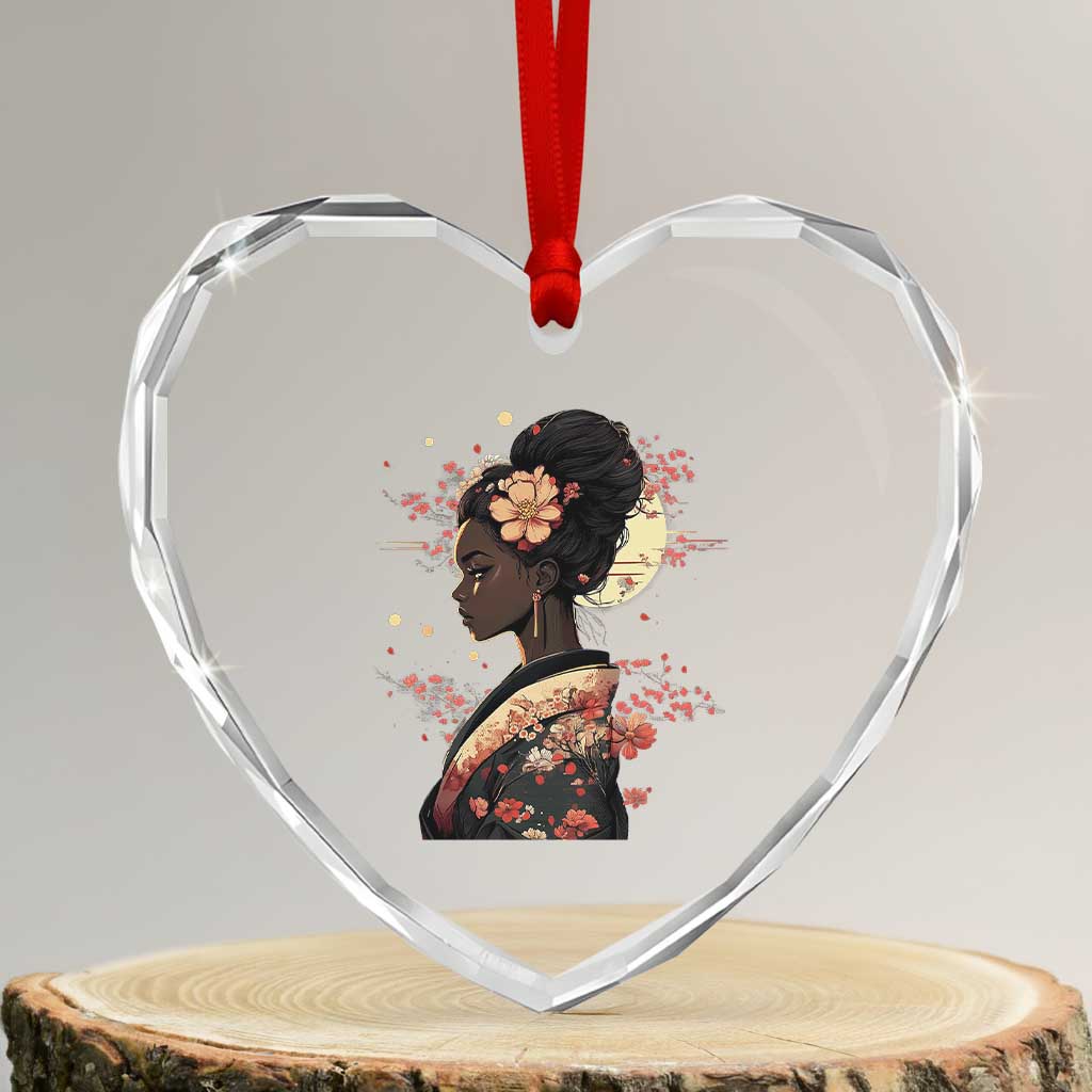 African American Geisha Kimono Blasian Japanese Sakura Heart Crystal Glass Ornament TS11 Transparent Glass 3'' Heart Print Your Wear