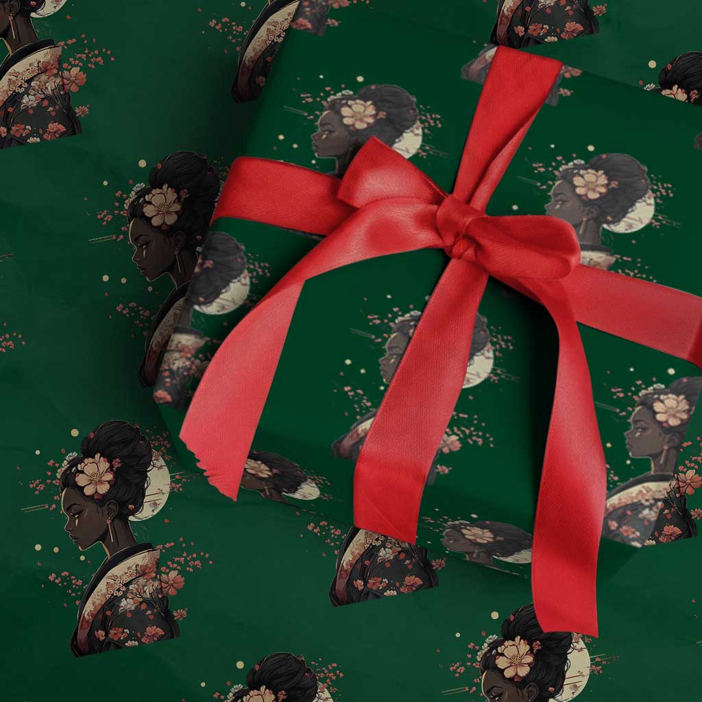 African American Geisha Kimono Blasian Japanese Sakura Wrapping Paper Roll TS11 Green Print Your Wear