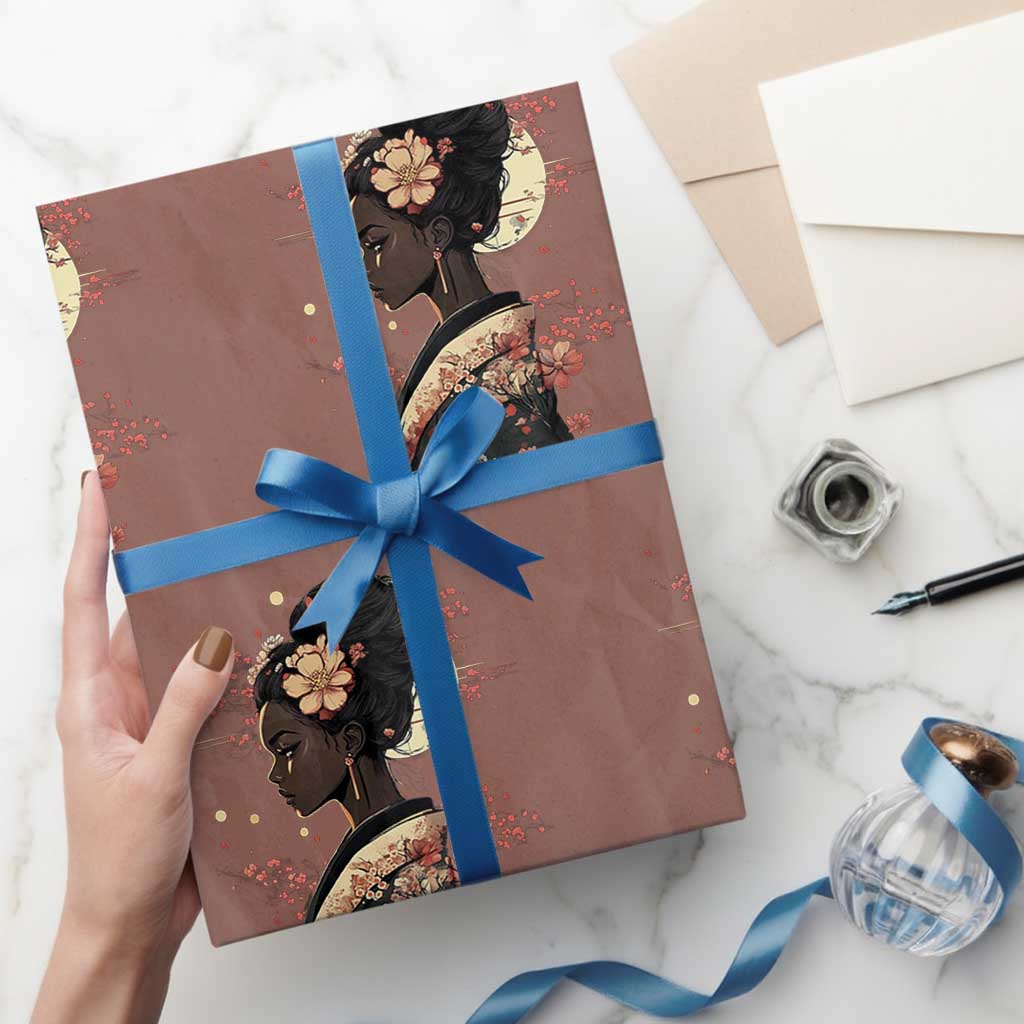 African American Geisha Kimono Blasian Japanese Sakura Wrapping Paper Roll TS11 Mocha Print Your Wear