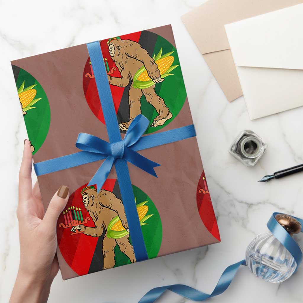 African American Holiday Gift Wrapping Paper Roll Retro Sunset Bigfoot With Kwanzaa Candle TS12 Mocha Print Your Wear