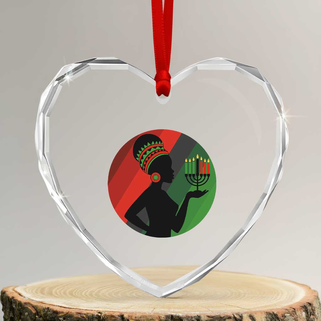 African Woman With Kinara Heart Crystal Glass Ornament Happy Kwanzaa Cultural Pride Gift - Print Your Wear