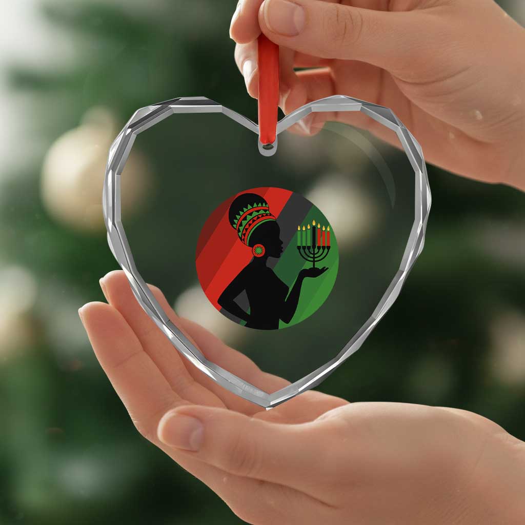 African Woman With Kinara Heart Crystal Glass Ornament Happy Kwanzaa Cultural Pride Gift - Print Your Wear